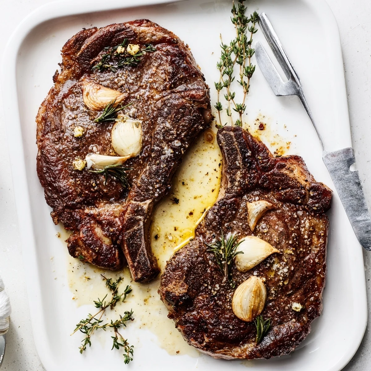 Close-up of pan seared ribeye steak revealing tender pink interior and aromatic garlic and thyme in butter.