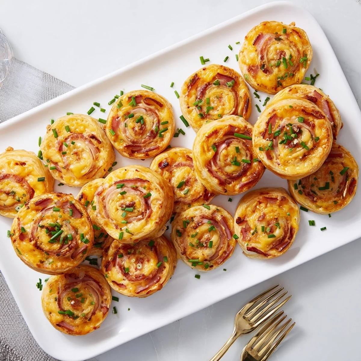 A close-up of Ham and Cheese Pinwheels on a serving platter, highlighting golden-brown tops and a side of dipping mustard.