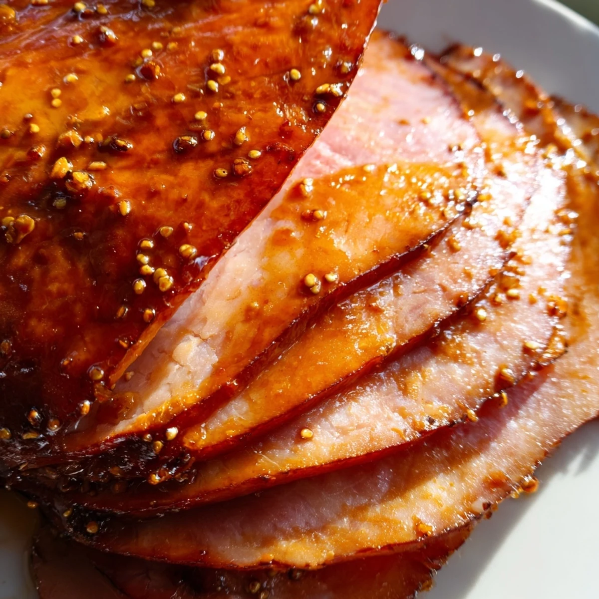 Golden-brown, sticky Brown Sugar Mustard Glazed Ham rests on a platter with herbs, sliced for serving.