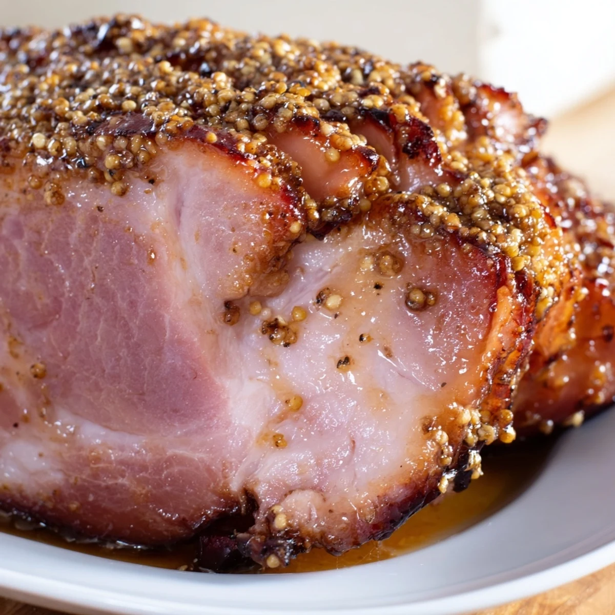 Perfectly caramelized Brown Sugar Mustard Glazed Ham sliced on a cutting board, ready for a festive dinner.