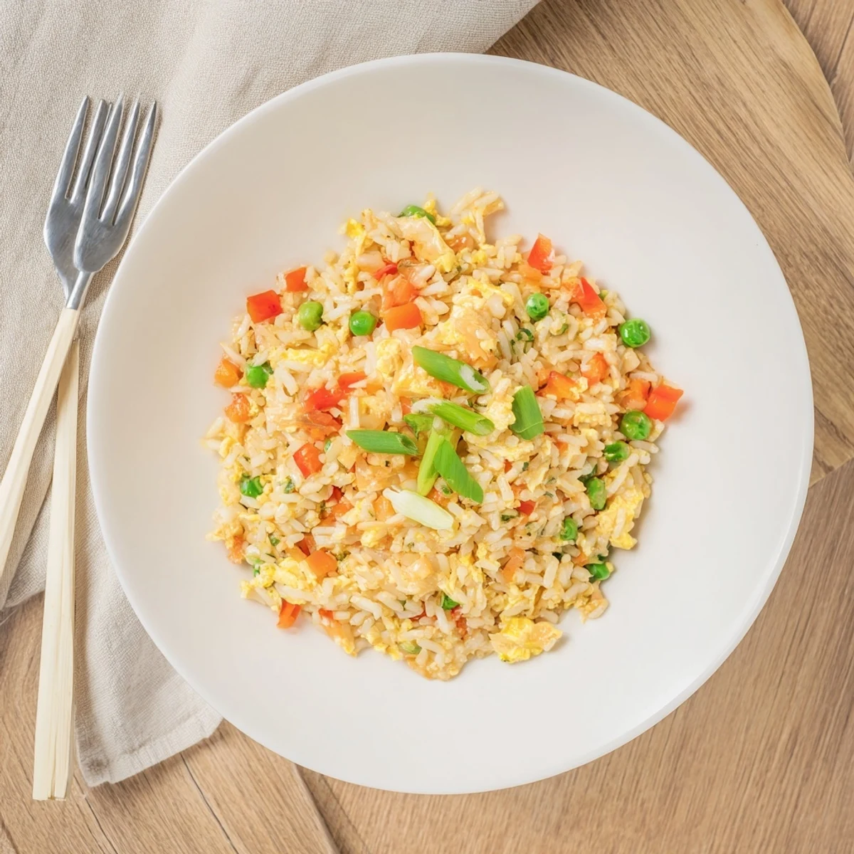 Steaming Bang Bang Fried Rice is tossed with red bell peppers and carrots in a creamy sauce.