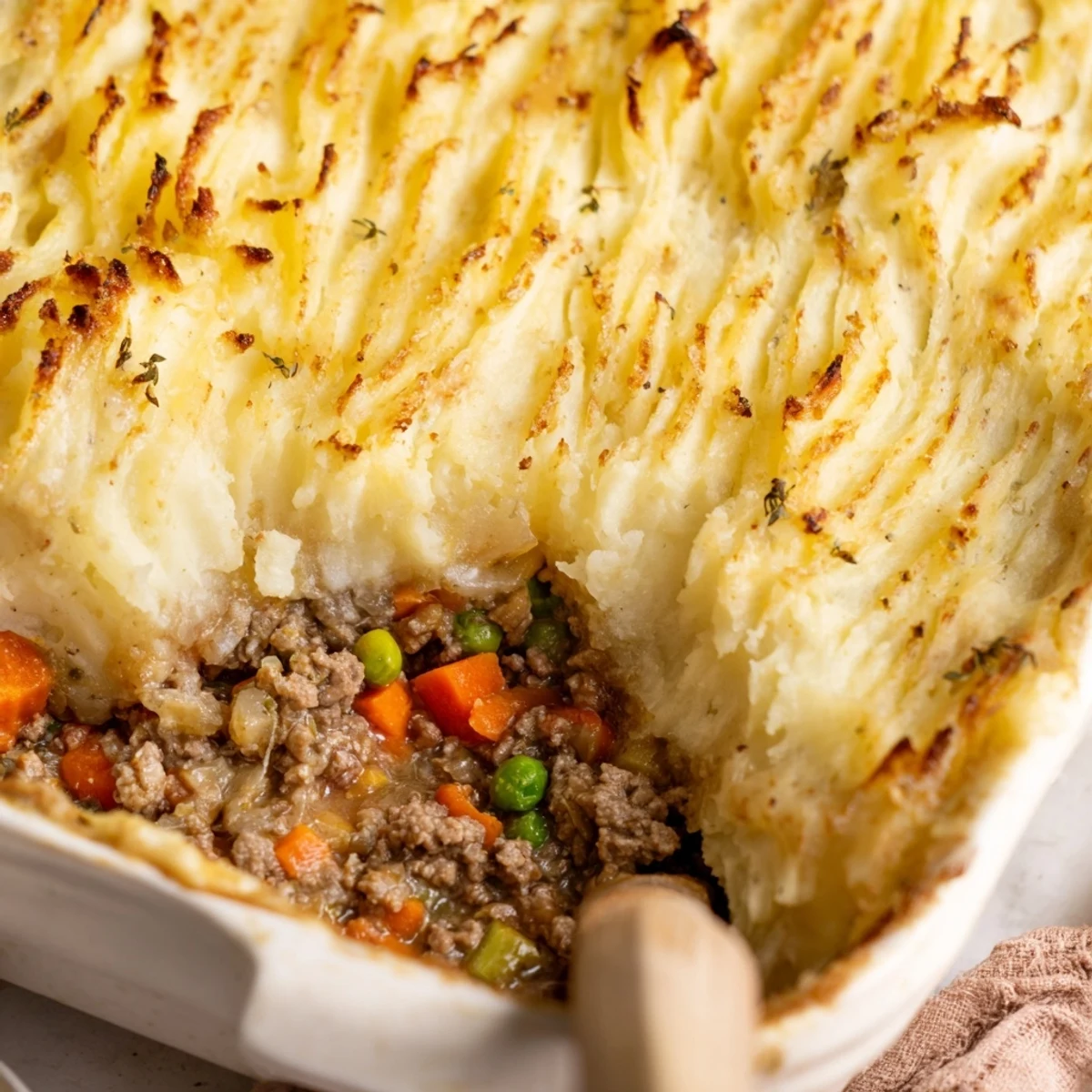 Golden, bubbly mashed potato ridges crown the savory ground beef and vegetable filling of this Easy Shepherds Pie.