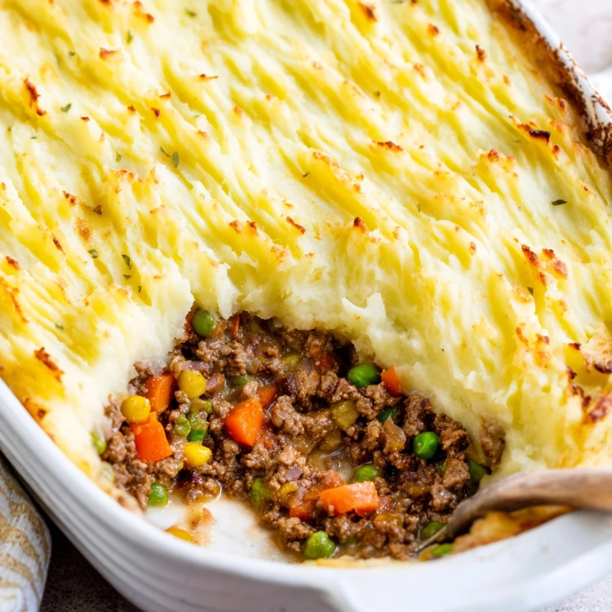 A close-up shows the creamy mashed potato topping baked golden brown over the hearty Easy Shepherds Pie filling.