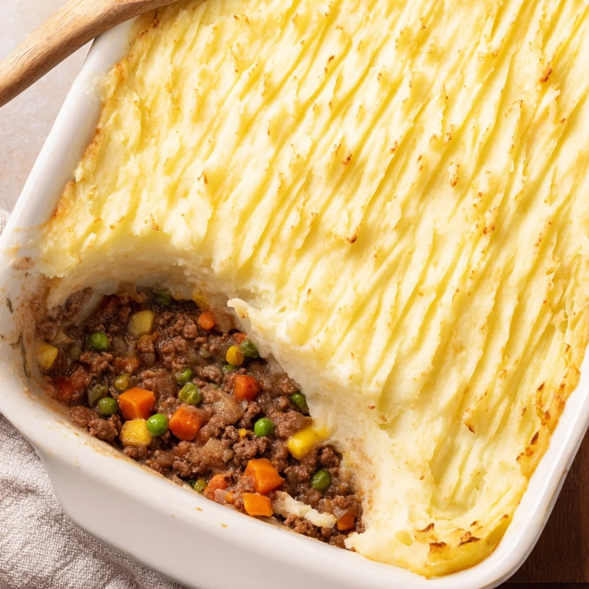 Steaming Easy Shepherds Pie rests on a rustic wooden table, ready for serving with a side of green salad.
