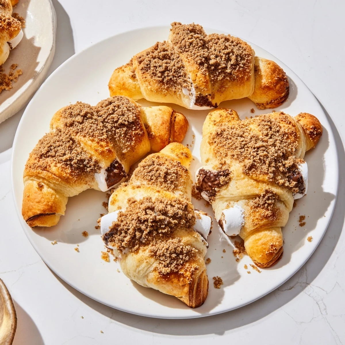 Warm Smores Crescent Rolls on a rustic plate, showcasing gooey filling inside crescent dough, ready to be enjoyed with a cold glass of milk.