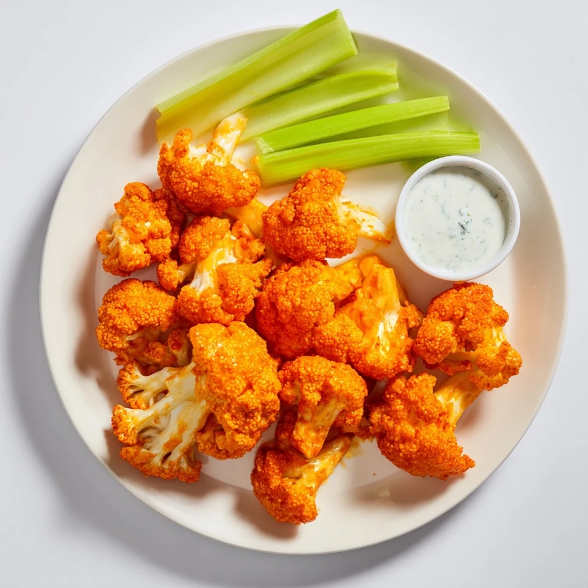 Golden air fryer buffalo cauliflower arranged on a platter, alongside crisp celery and creamy ranch dressing for dipping.