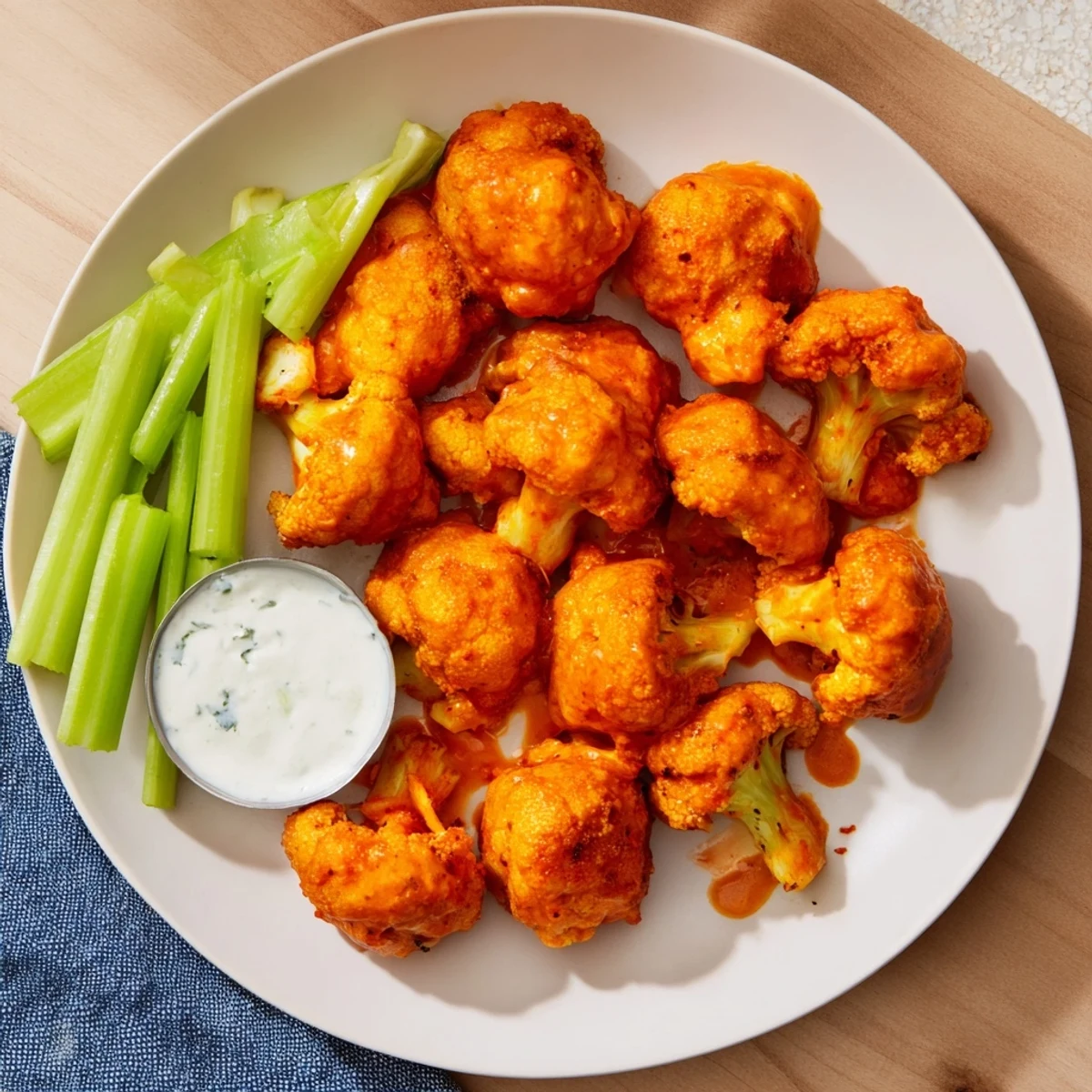 Spicy air fryer buffalo cauliflower bites, perfectly crisp and ready to serve as a vegetarian appetizer with cool dip.