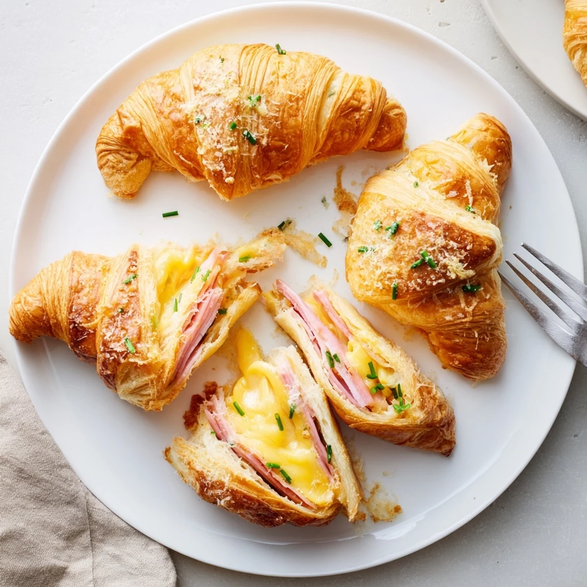 Golden-brown Stuffed Croissants sit on a white plate, revealing melted Swiss cheese and ham inside the flaky pastry.