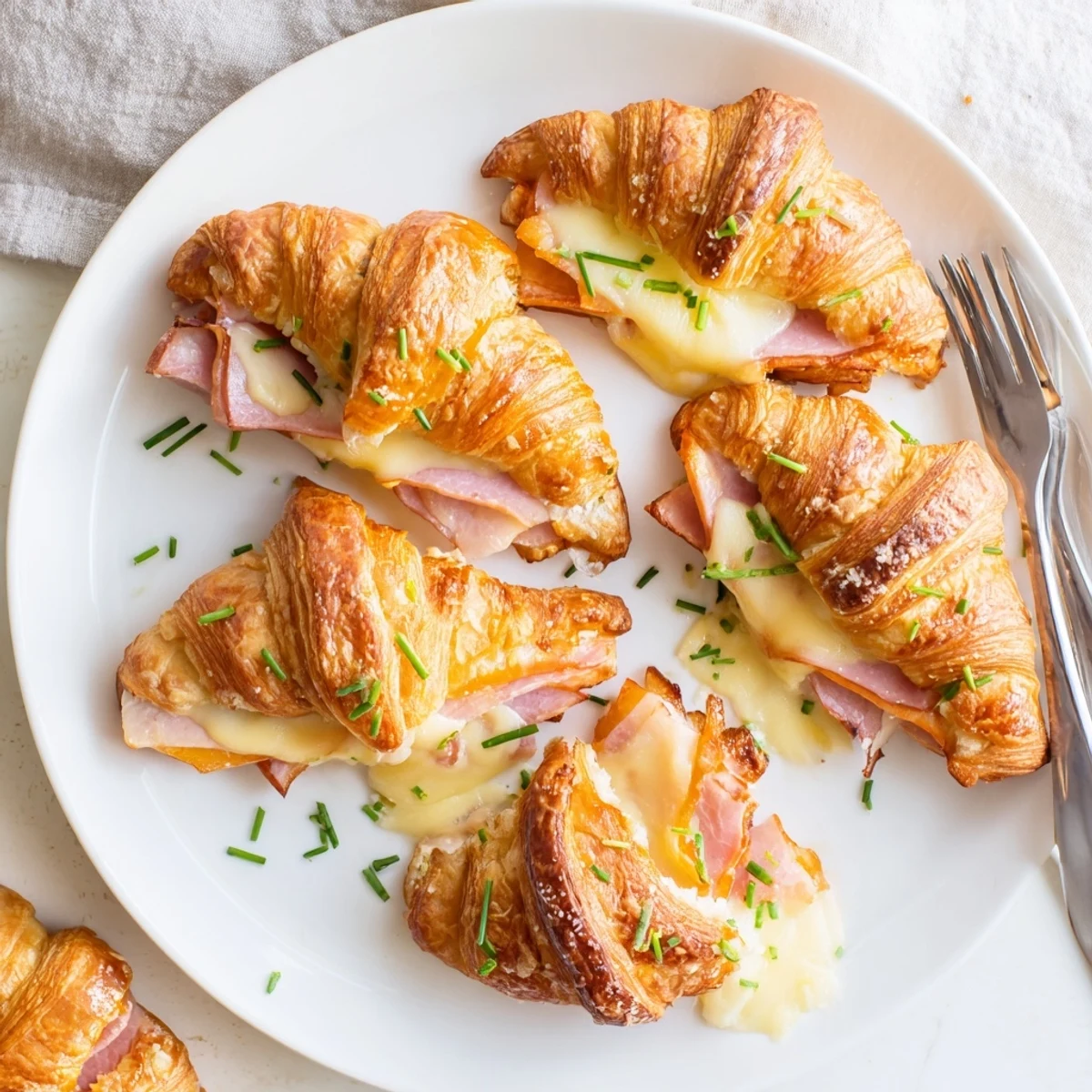 Freshly baked Stuffed Croissants are brushed with egg wash and topped with grated Parmesan, ready for brunch.