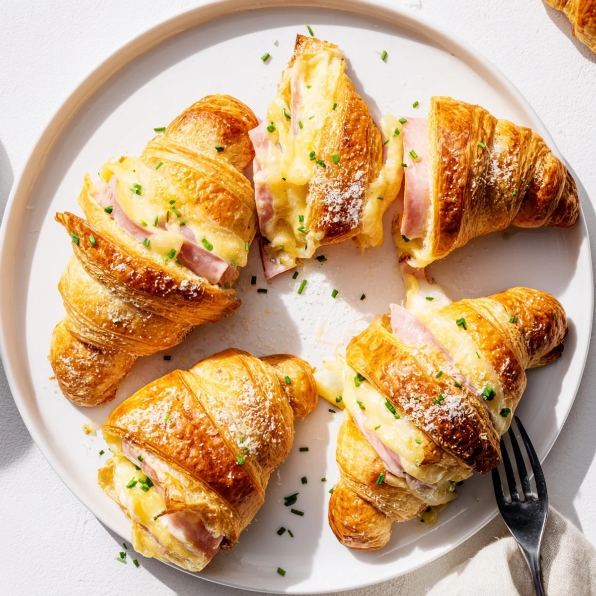 Warm Stuffed Croissants filled with savory ham and creamy Dijon sauce, served alongside a crisp green salad.