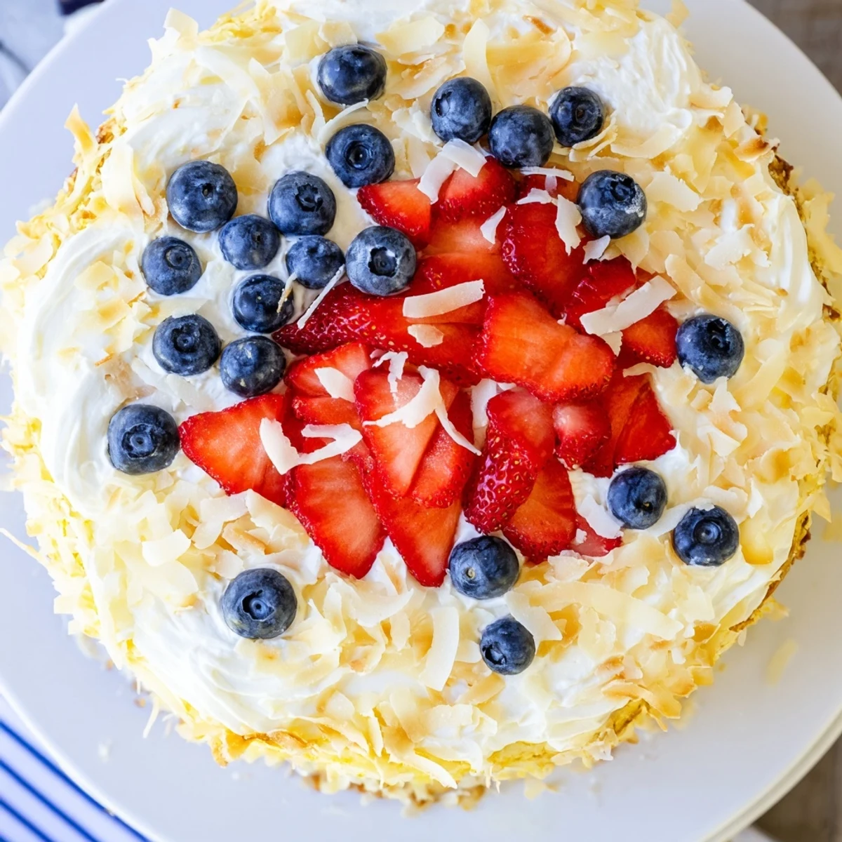 A moist slice of Pineapple Coconut God Bless America Cake layered with cream cheese frosting and fresh berries.