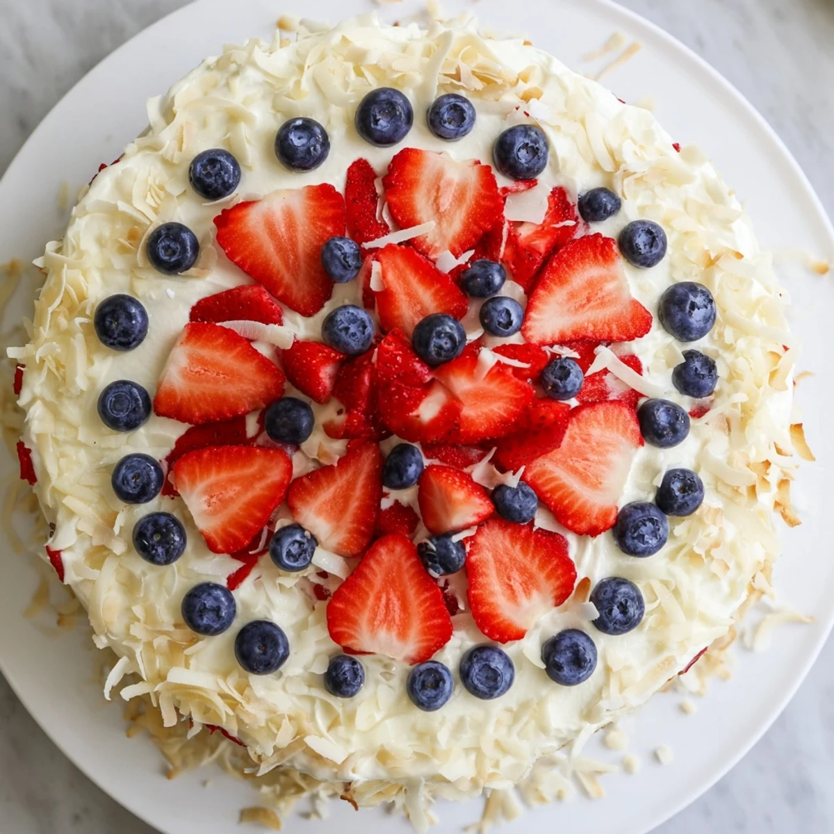 Moist layers of Pineapple Coconut God Bless America Cake displayed with strawberries and blueberries on a plate.