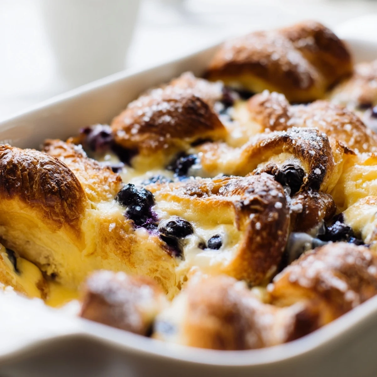A close-up view of Blueberry Cream Cheese Croissant Casserole in a baking dish, featuring golden, buttery croissants studded with fresh blueberries and creamy dollops.