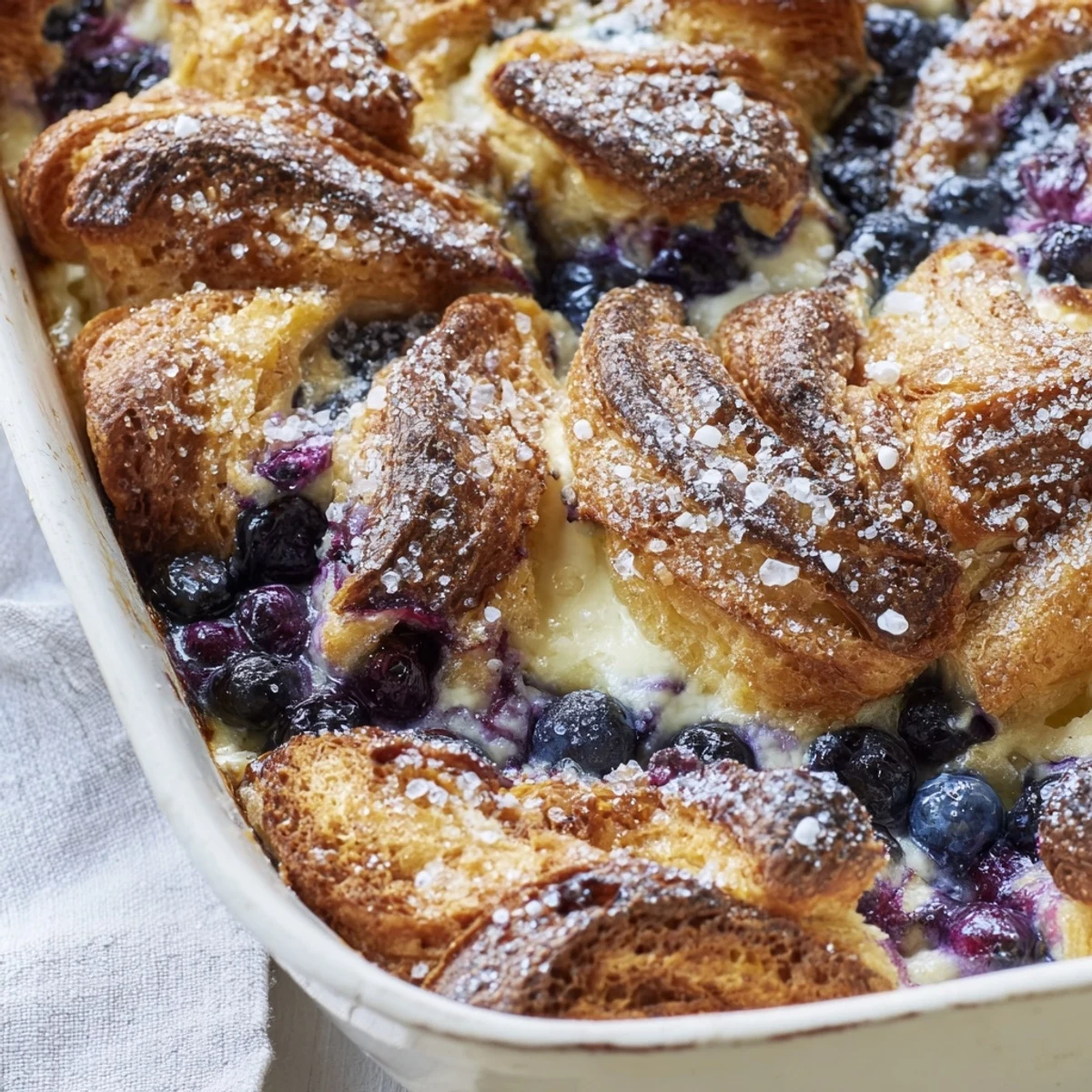 Slice of warm Blueberry Cream Cheese Croissant Casserole on a white plate, showing a rich custard interior and glistening berries, perfect for a sweet breakfast.