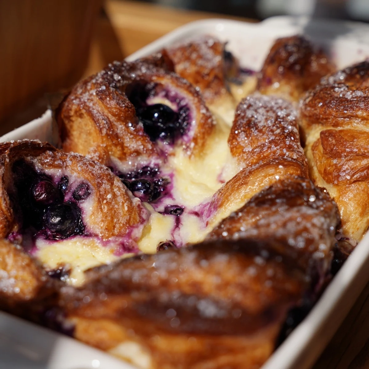 Freshly baked Blueberry Cream Cheese Croissant Casserole served on a wooden table, garnished with powdered sugar and a drizzle of maple syrup for a cozy brunch.