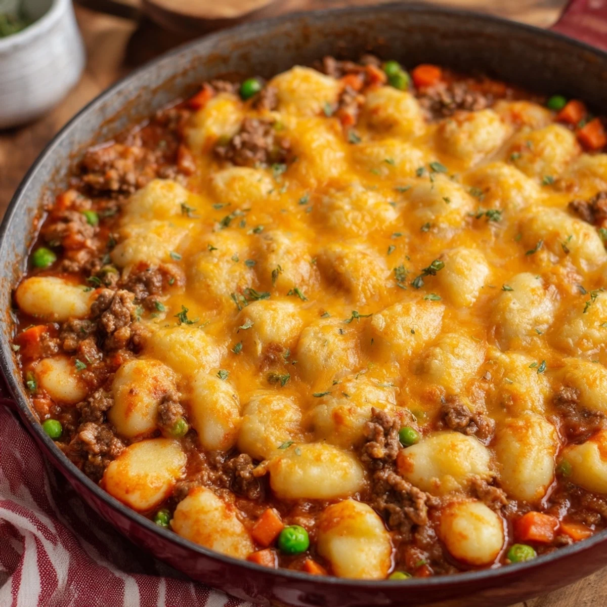 Golden-brown baked Quick Gnocchi Shepherds Pie with melted cheddar and Parmesan cheese topping.