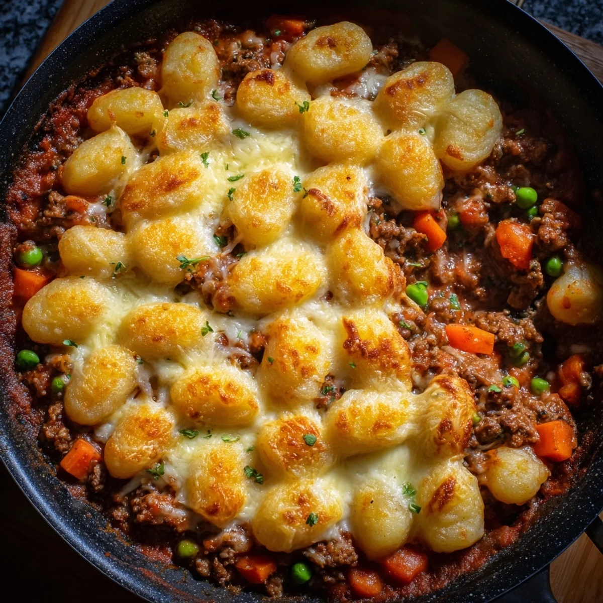 Close-up of Quick Gnocchi Shepherds Pie showing pillowy gnocchi over savory beef filling.