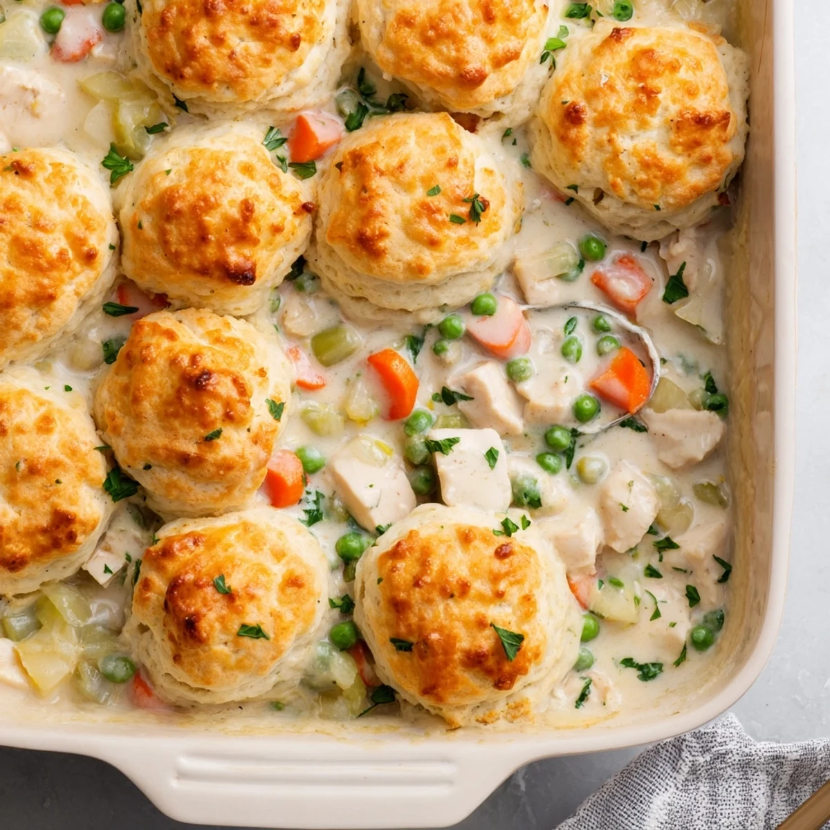 Hearty Red Lobster biscuit chicken pot pie served fresh from the oven, with steam rising and buttery herbs on top.