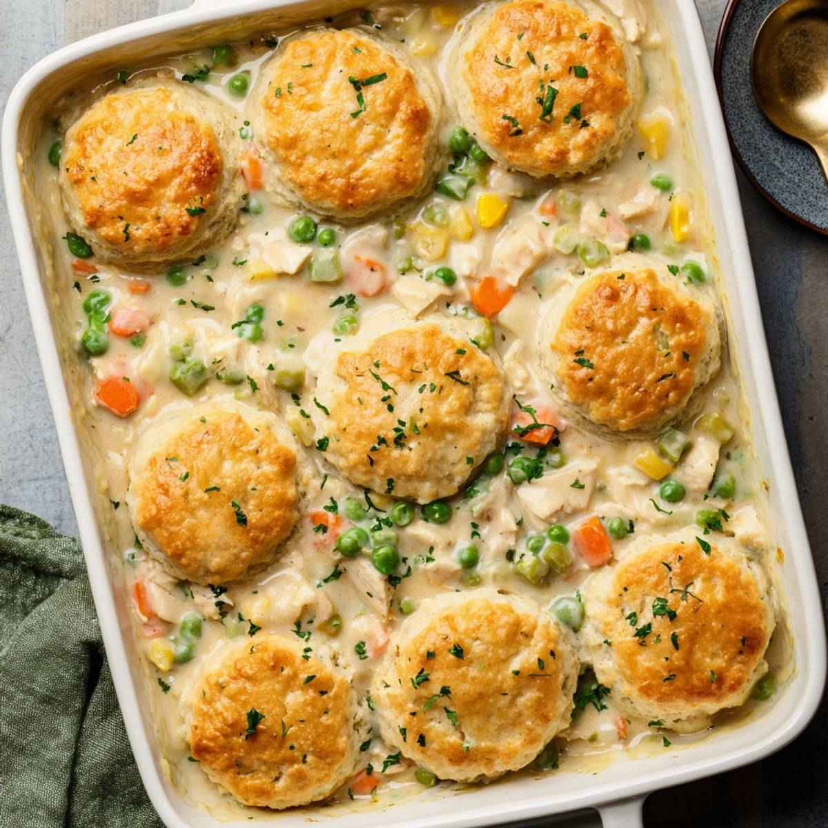 Golden-brown Red Lobster biscuit chicken pot pie bubbling in a 9x13 dish, filled with creamy chicken, peas, and carrots.