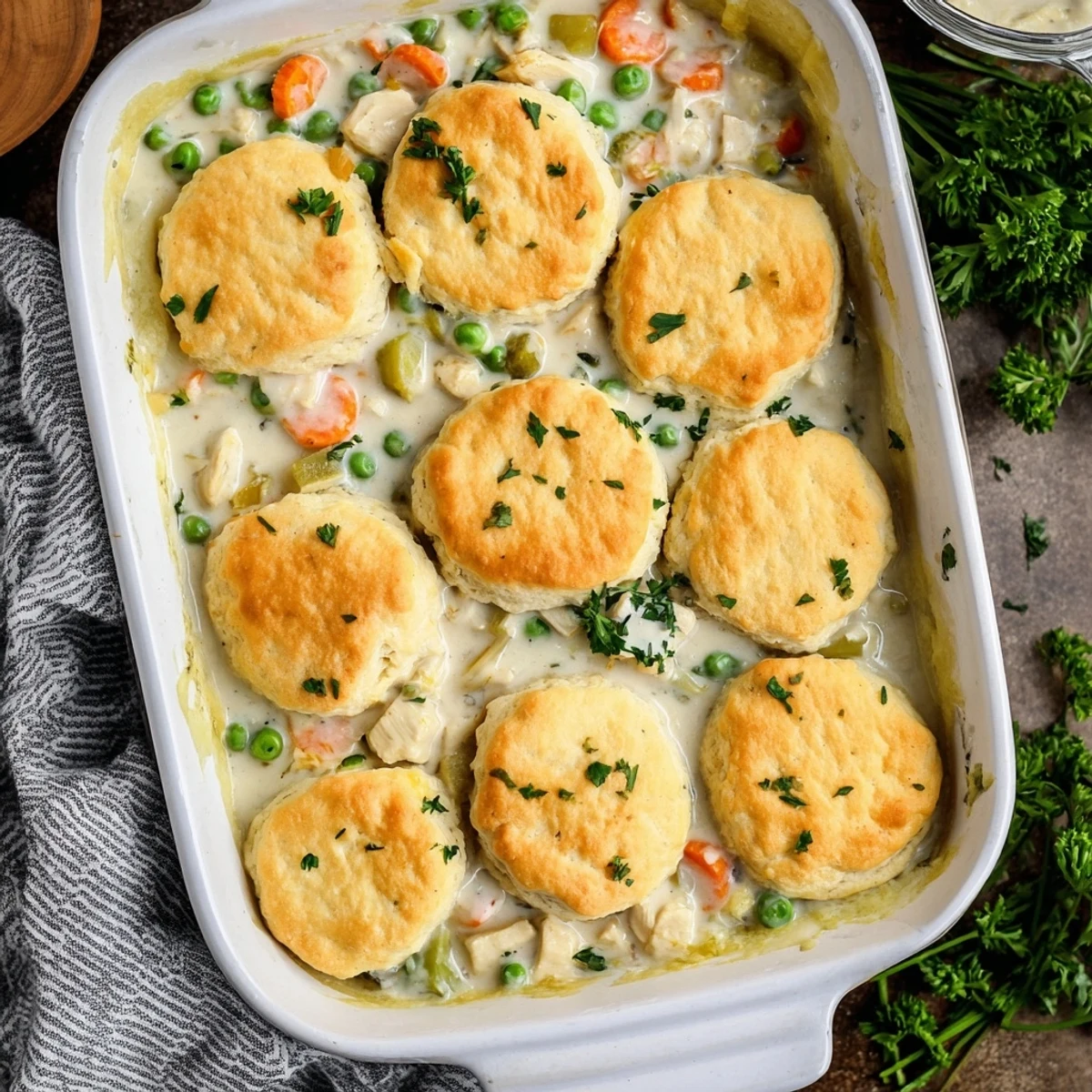 Close-up of a slice of Red Lobster biscuit chicken pot pie revealing tender chicken, savory vegetables, and flaky cheddar biscuits.