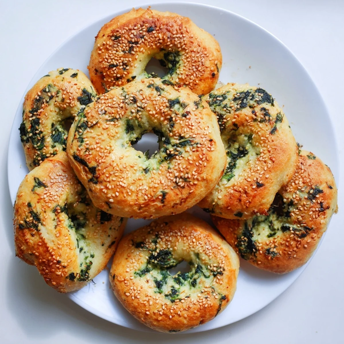 Freshly baked spinach cottage cheese flagels sit on a wire rack with a light golden crust and visible green specks.