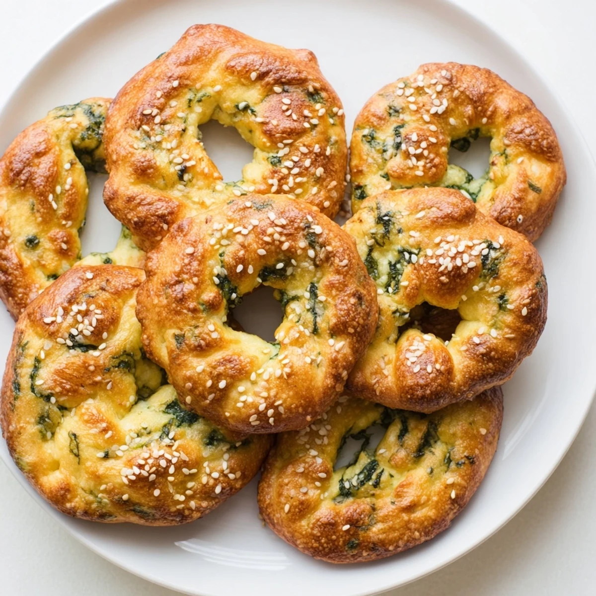 A close-up of a toasted spinach cottage cheese flagel on a plate, revealing a fluffy, chewy interior with visible cottage cheese.