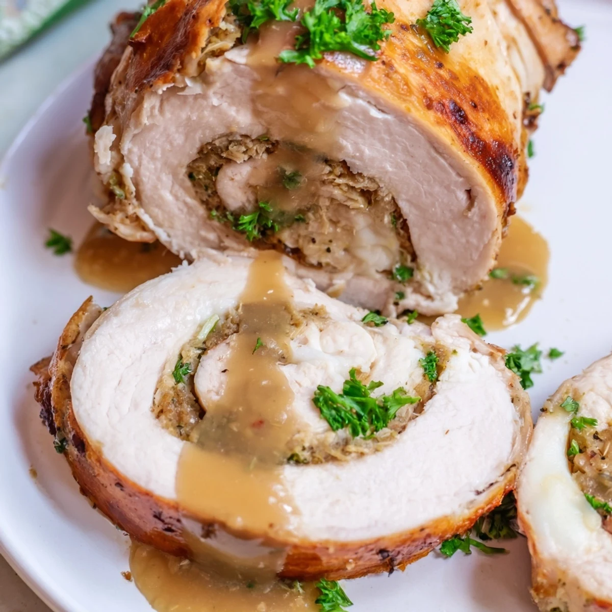 Savory Flavor-Packed Turkey Roll-Ups with Stuffing baked in a dish, garnished with fresh parsley and melted cheese.