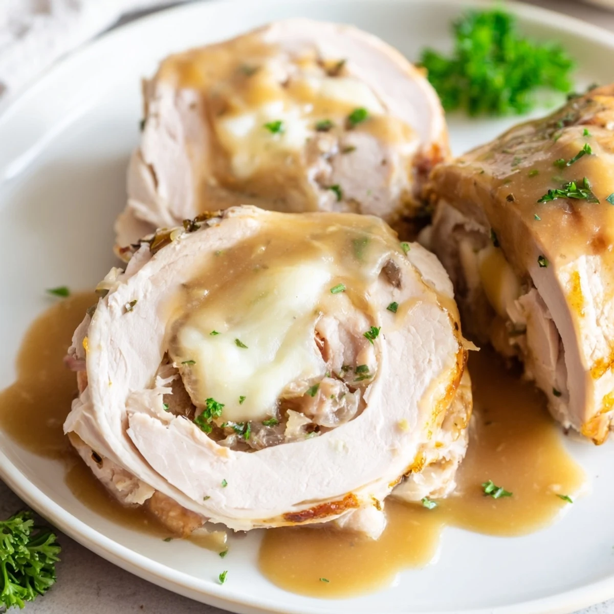 Tender Flavor-Packed Turkey Roll-Ups with Stuffing paired with mashed potatoes, ready for a cozy family dinner.