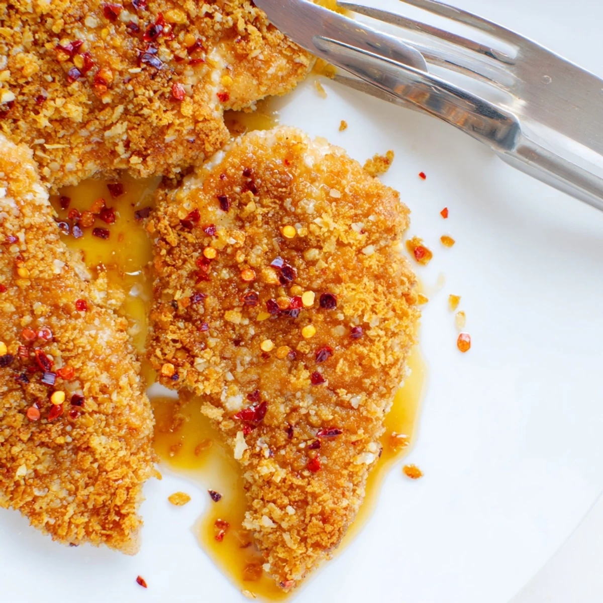 Golden Baked Crunchy Hot Honey Chicken breast on a plate with fresh coleslaw and pickles, glistening with sweet spicy drizzle.