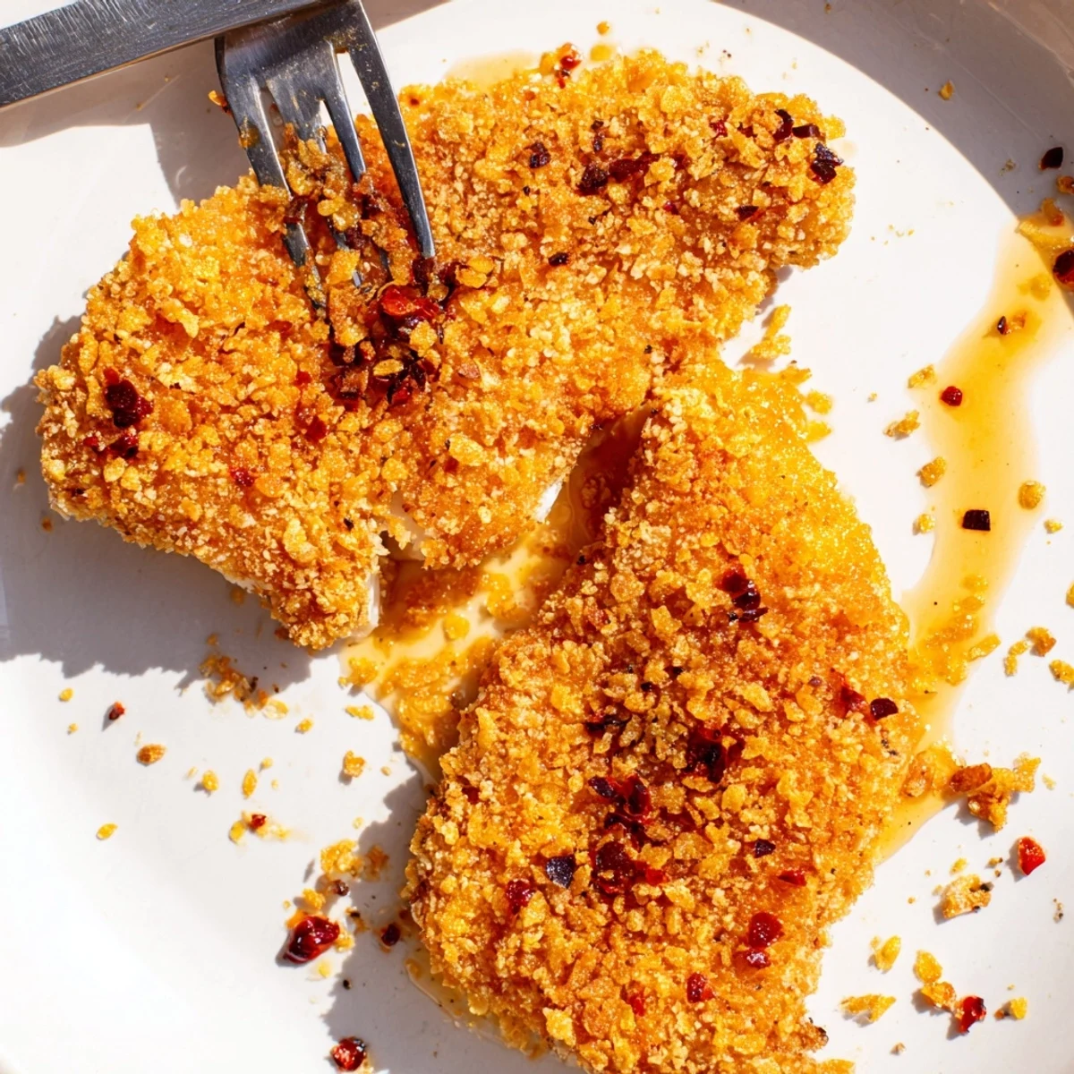 Hot honey drizzled over Crispy Baked Crunchy Hot Honey Chicken served with sweet potato fries on a rustic plate.