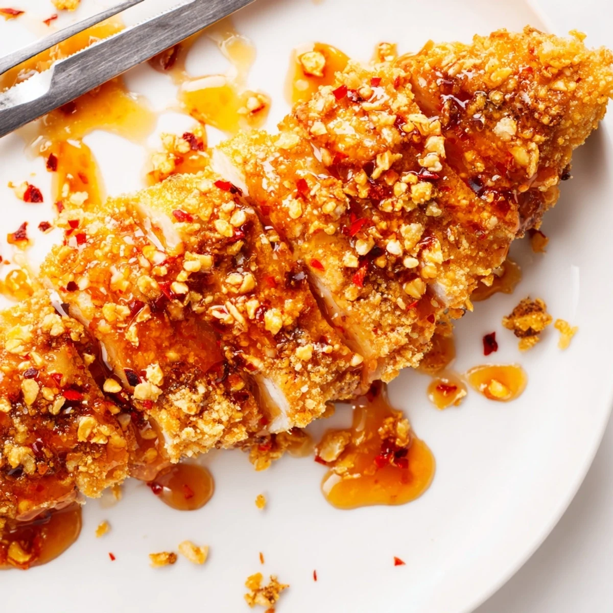 Juicy Baked Crunchy Hot Honey Chicken pieces resting on a wire rack, showcasing a golden brown panko cornflake crust.