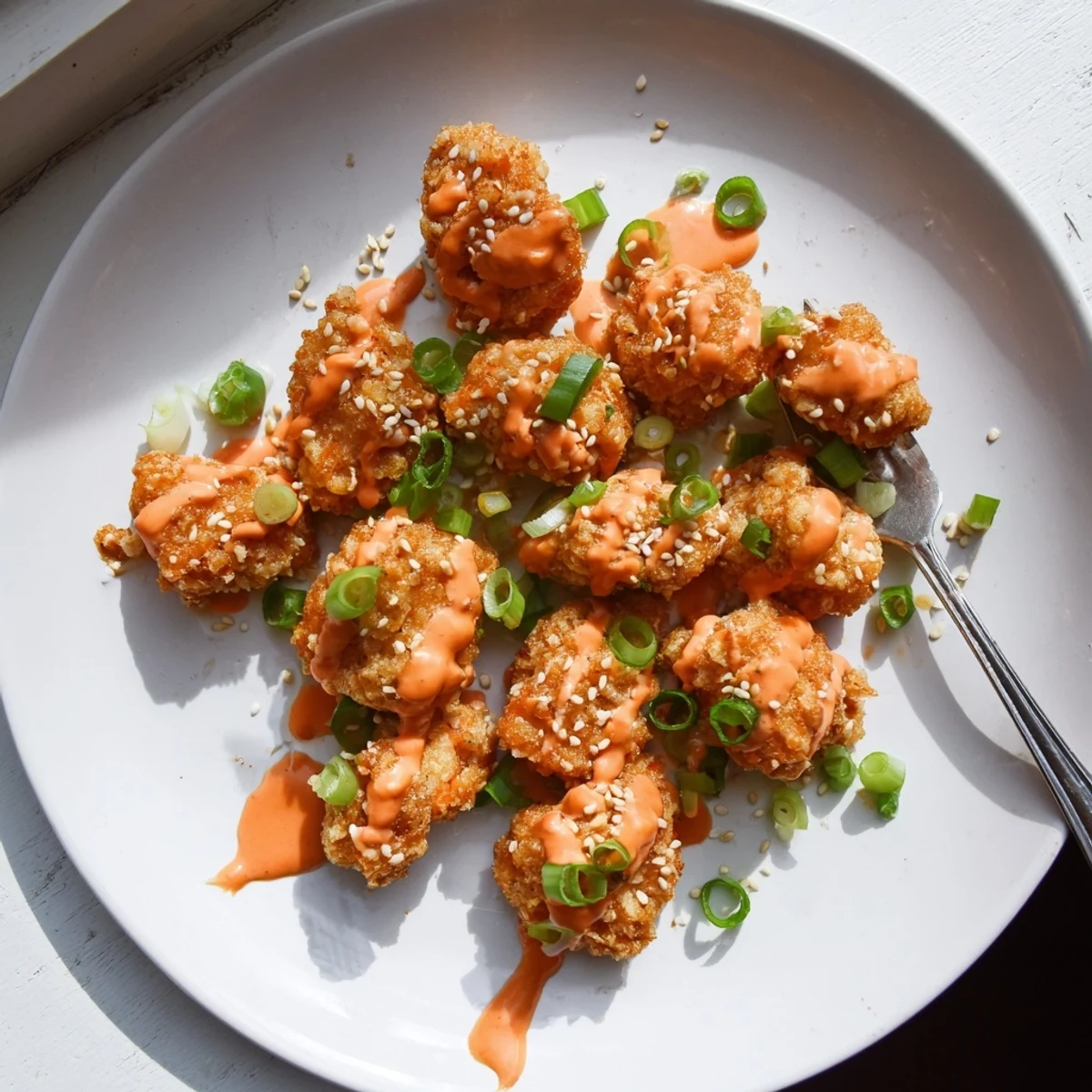 Quick Low Carb Bang Bang Chicken served on a white plate, garnished with vibrant green onions for a low-carb, Asian-inspired dinner.