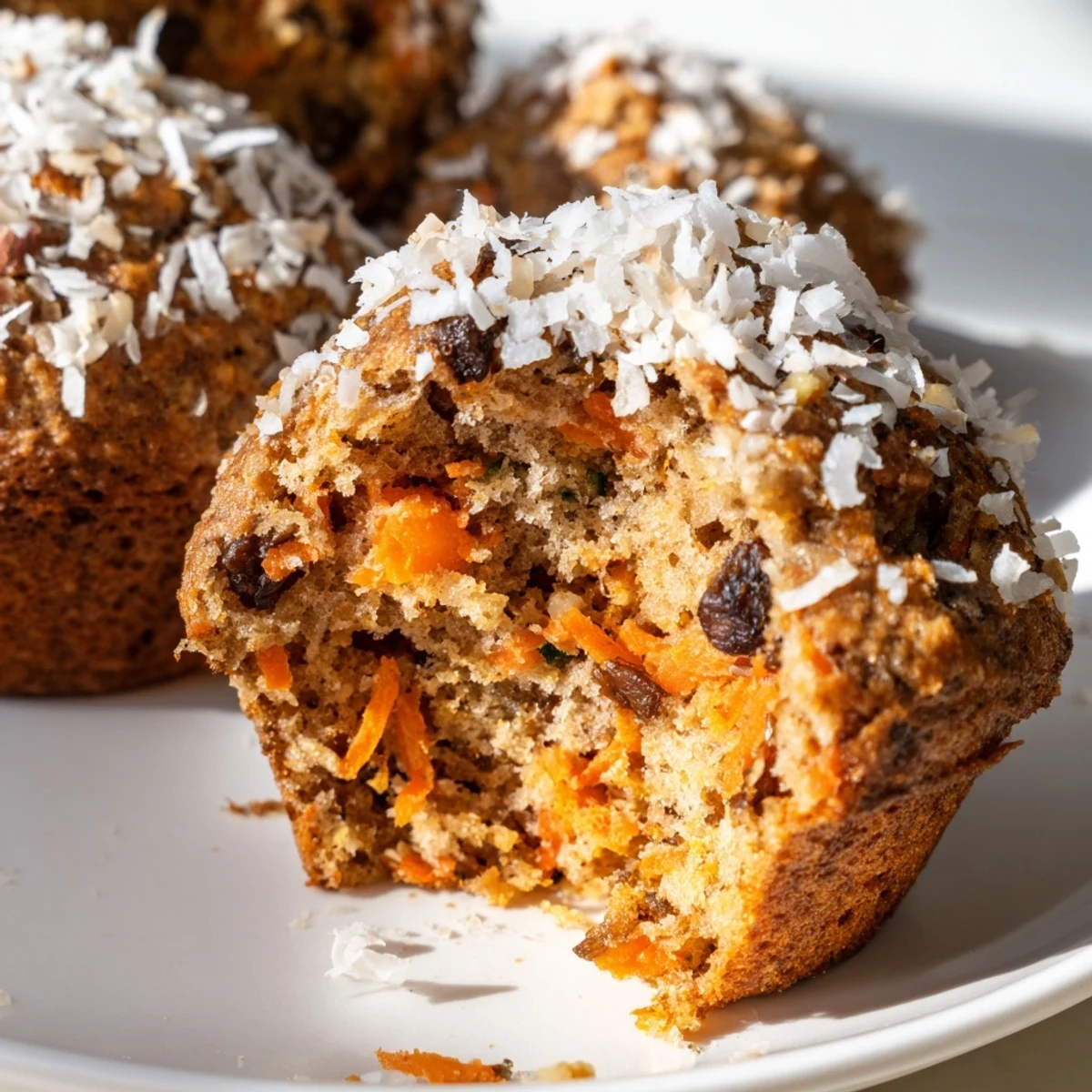 Homemade Morning Glory Muffins with walnuts and raisins served alongside a steaming cup of coffee.