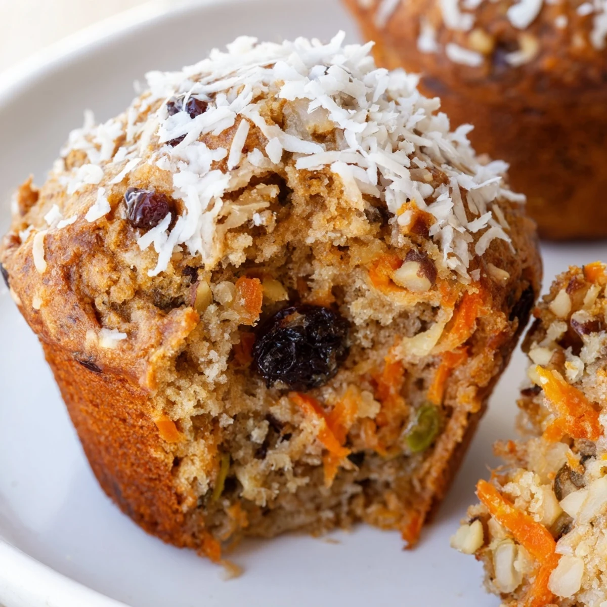 Freshly baked Morning Glory Muffins in a paper liner, showcasing a moist crumb and tender texture.