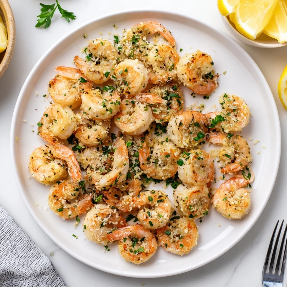 Air Fryer Garlic Parmesan Shrimp glistening with golden edges and flecked with fresh parsley, served on a white plate with lemon wedges.