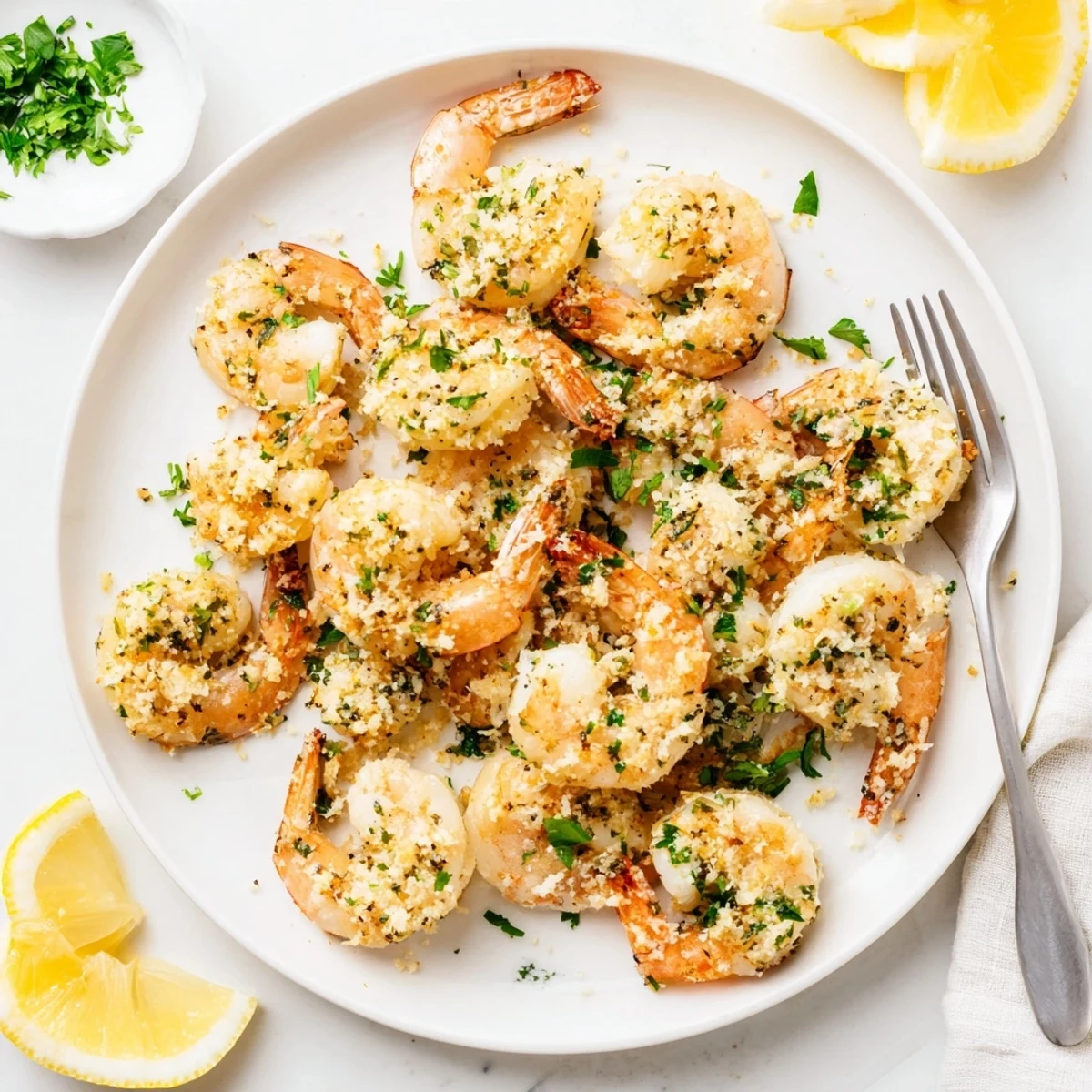 Platter of Air Fryer Garlic Parmesan Shrimp paired with a crisp green salad, showing the savory coating and bright citrus garnish.