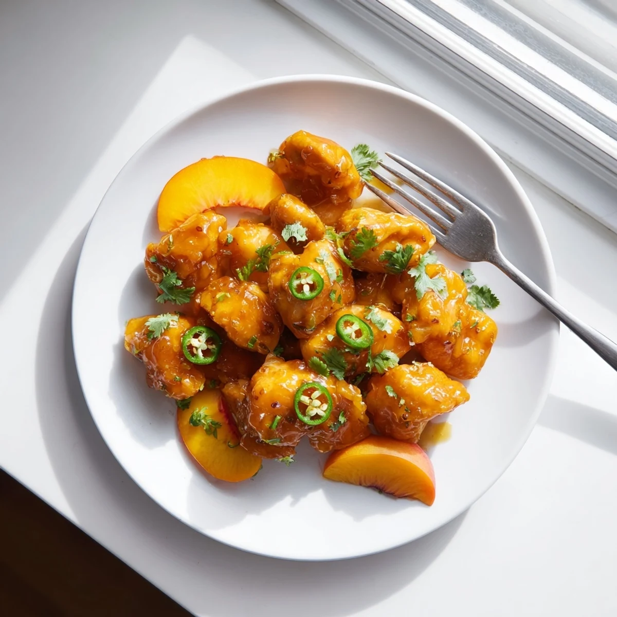 A close-up of tender jalapeño peach glazed chicken fresh from the oven, resting in a skillet with a sweet and spicy sauce.