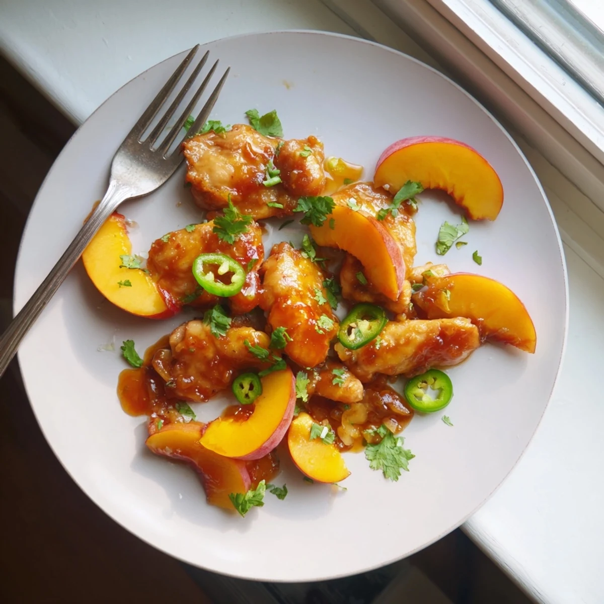 Golden-brown chicken breasts smothered in a sticky jalapeño peach glazed chicken, garnished with fresh cilantro and sliced peaches.
