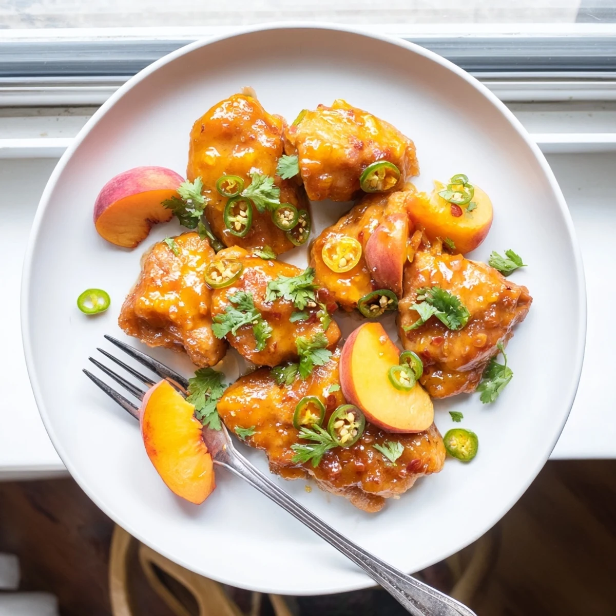 Sizzling jalapeño peach glazed chicken served on a plate with rice, perfect for a quick summer weeknight dinner.