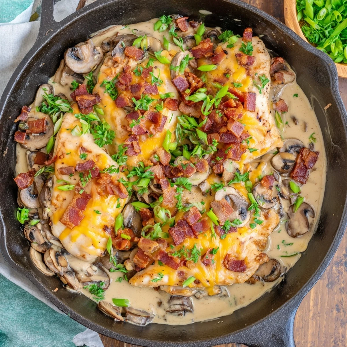 A close-up of Mississippi Mud Chicken, featuring juicy chicken draped in a rich, cheesy sauce with crispy bacon and fresh parsley.