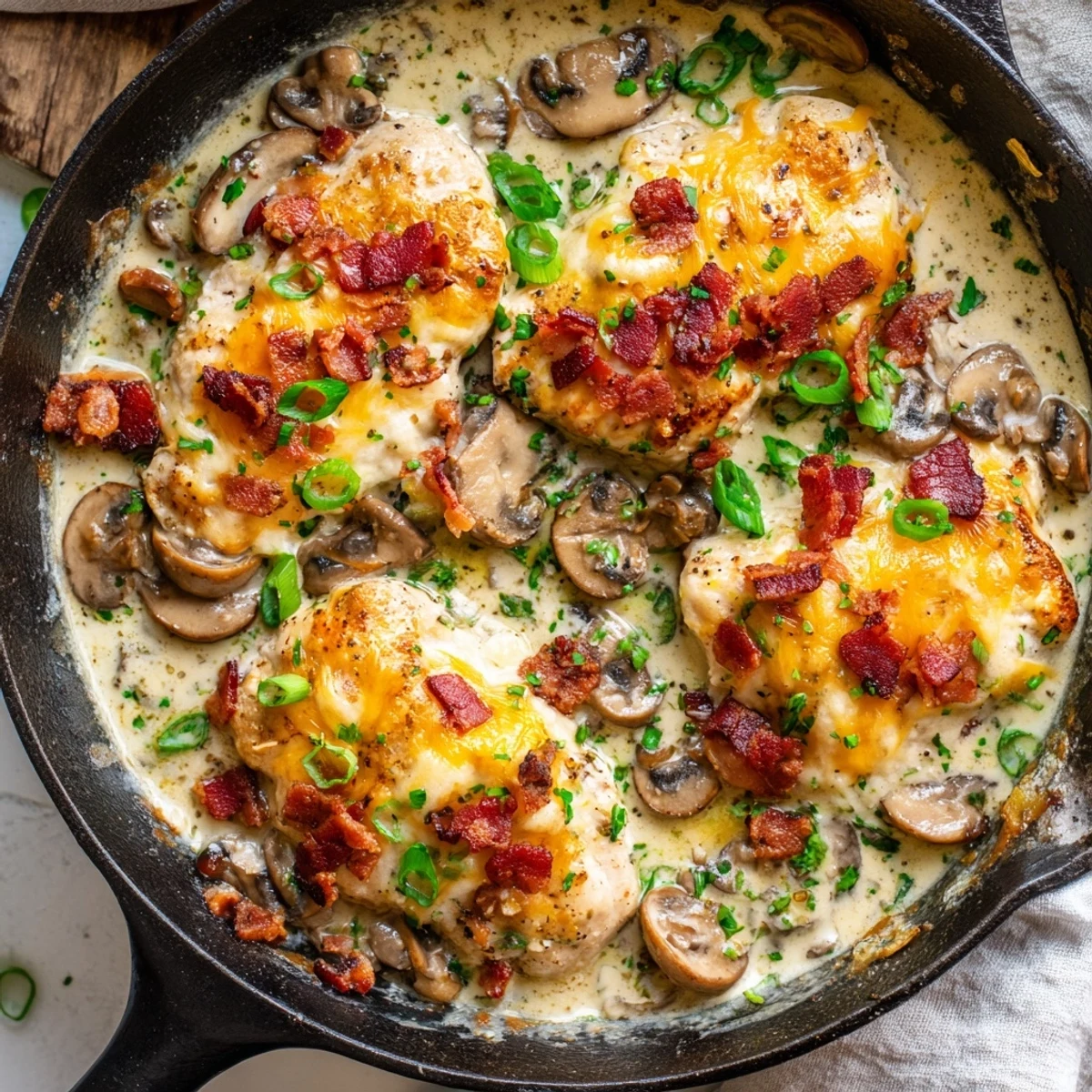 Golden-seared chicken breasts smothered in a creamy mushroom and bacon sauce, topped with melted cheese for Mississippi Mud Chicken.