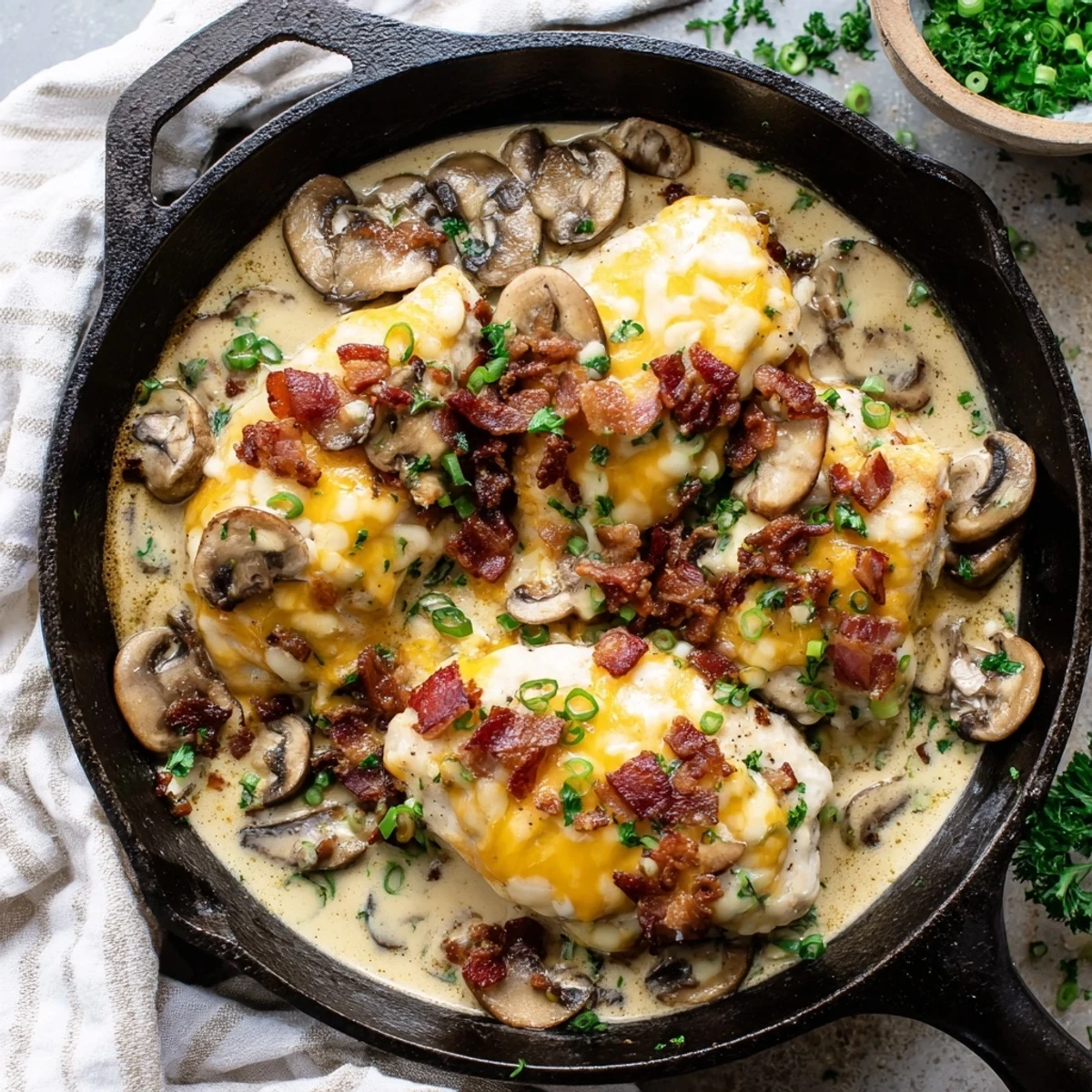 Family-style serving of Mississippi Mud Chicken in a skillet, with melted cheddar and mozzarella over tender chicken and mushrooms.