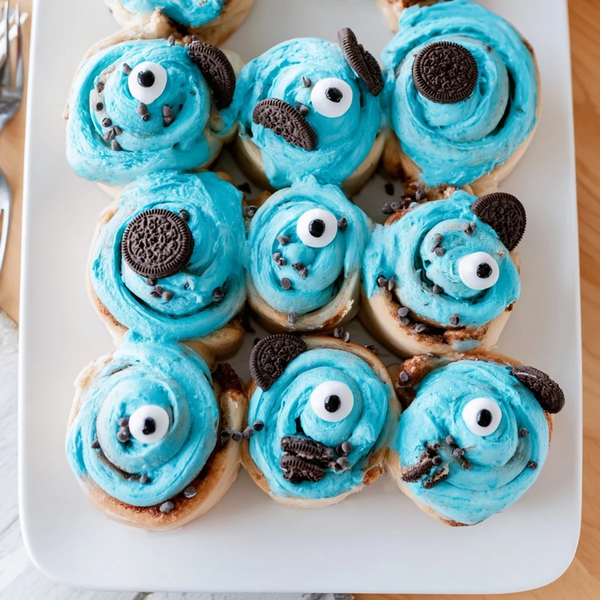 Freshly baked blue cinnamon rolls with gooey filling and playful cookie monster decoration.