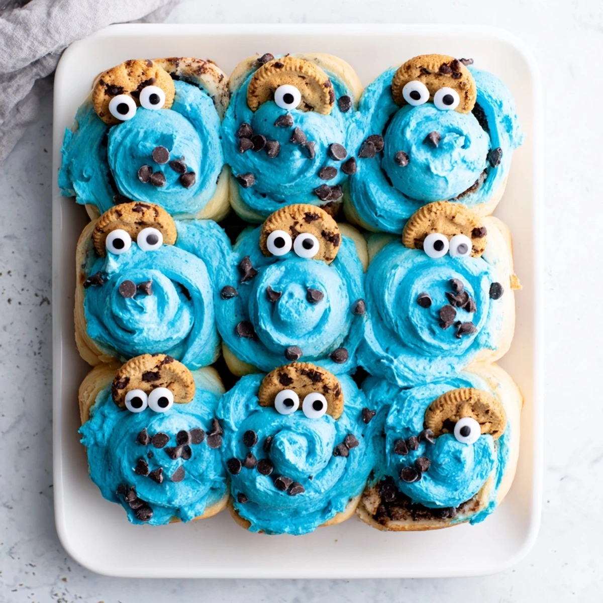 Warm Cookie Monster Cinnamon Rolls topped with sweet frosting, perfect for a fun family breakfast.