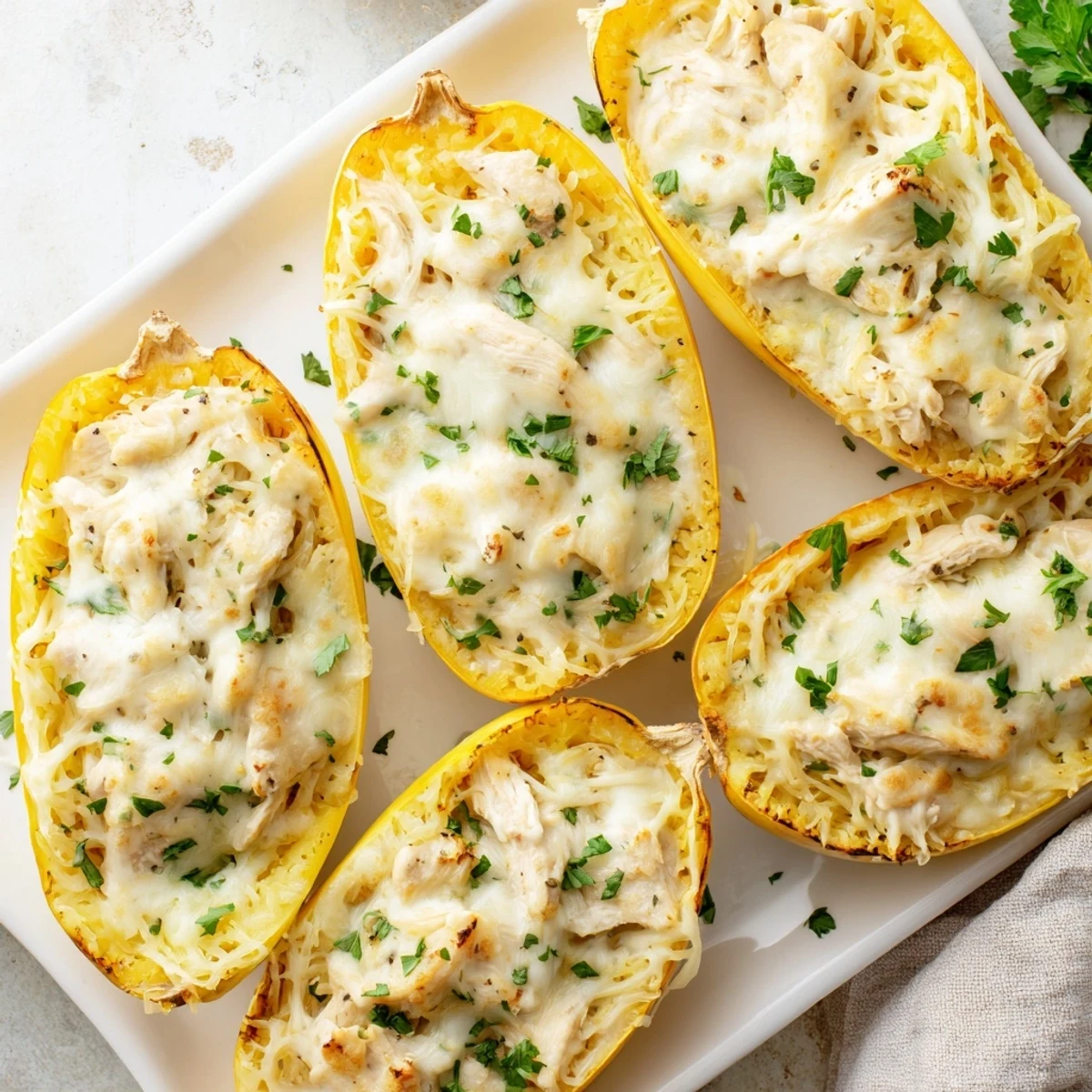 Juicy diced chicken and rich Parmesan Alfredo sauce fill tender spaghetti squash halves, garnished with fresh parsley and steam rising.