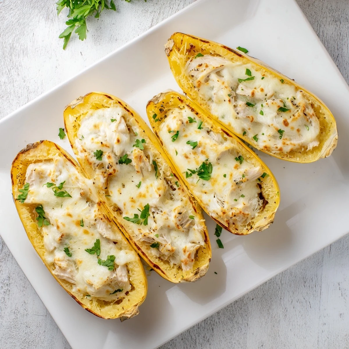 Gluten-free Chicken Alfredo Spaghetti Squash Boats topped with bubbly cheese, paired with a crisp green salad on a wooden table.