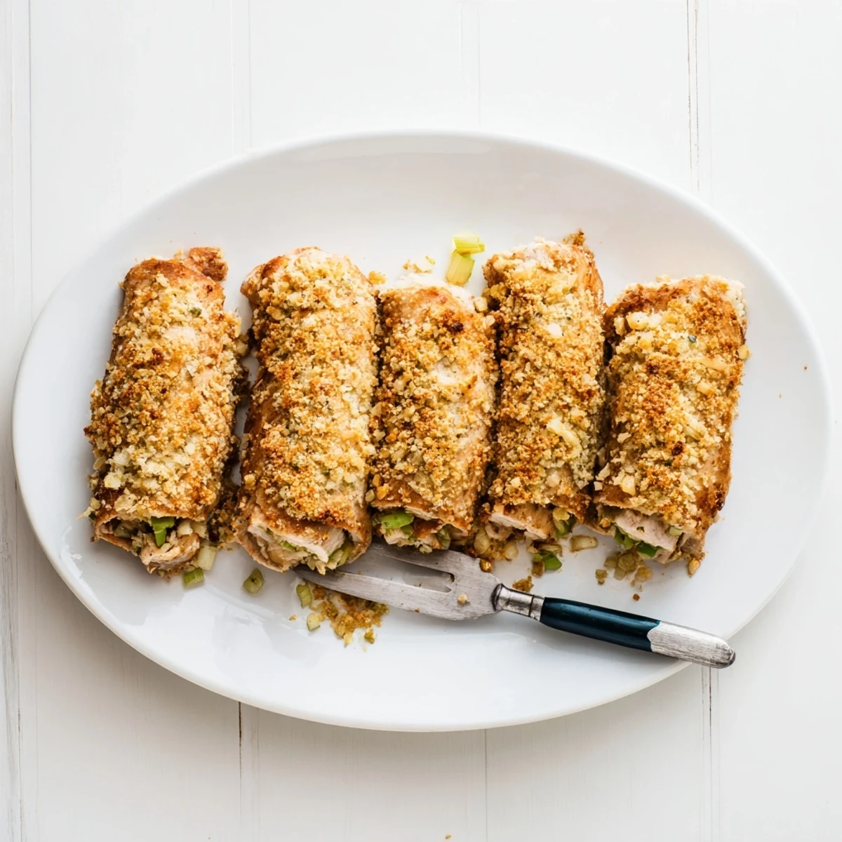 Golden-brown Flavor-Packed Turkey Roll Ups with Stuffing arranged on a plate, served with gravy.