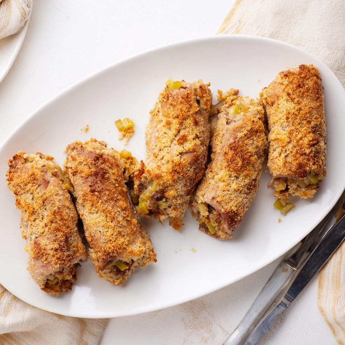Savory Flavor-Packed Turkey Roll Ups with Stuffing in a baking dish, garnished with fresh parsley.