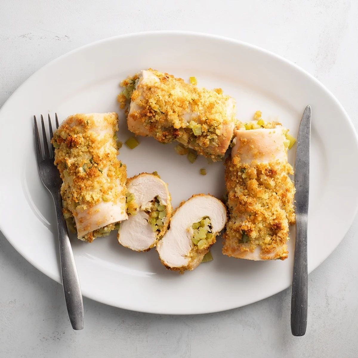 Juicy Flavor-Packed Turkey Roll Ups with Stuffing sliced to reveal the savory stuffing inside.