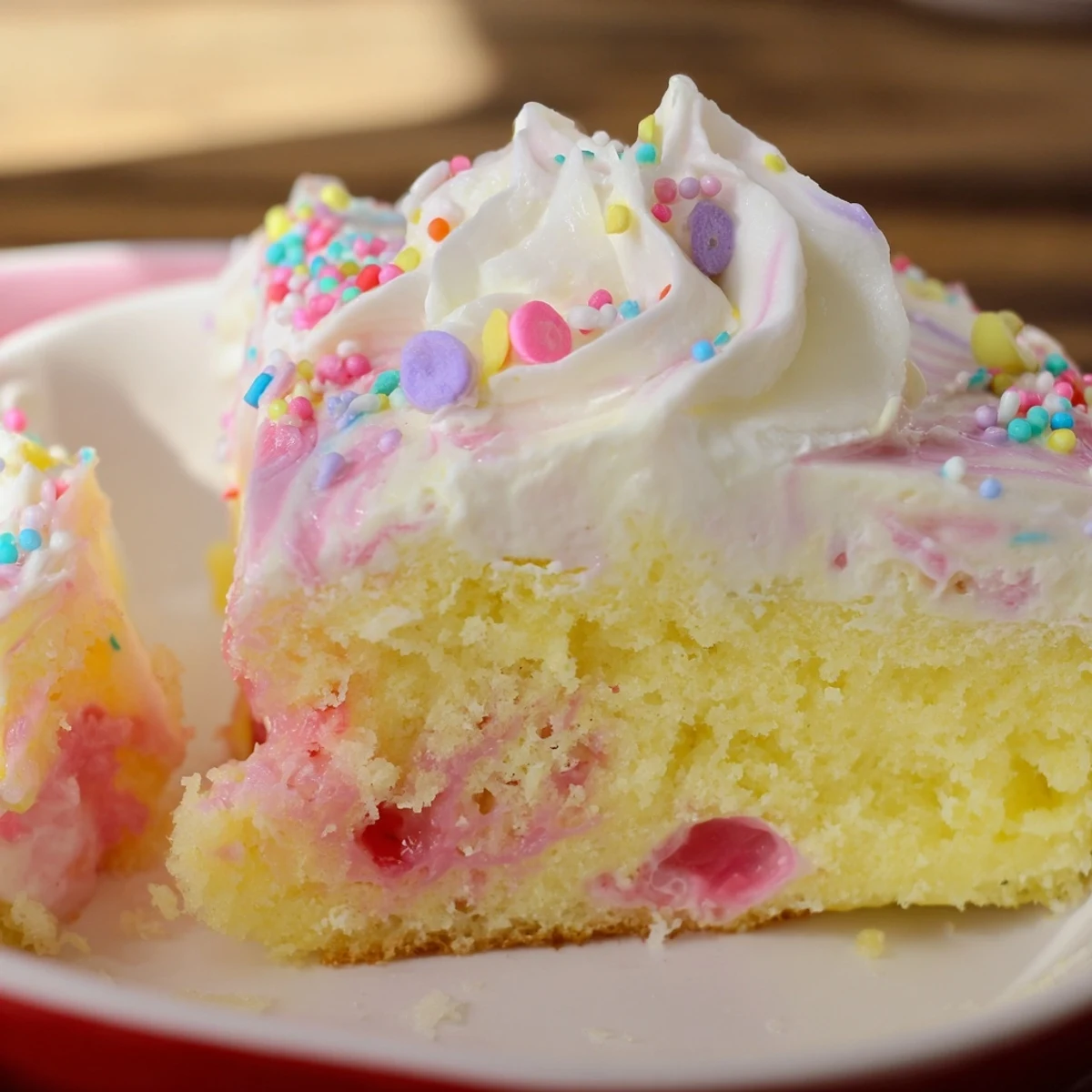 Easter poke cake with vanilla gelatin topped with fluffy whipped cream and colorful pastel sprinkles
